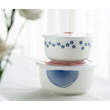 Customized printing deep ceramic bowl with plastic lid microwave safe houseware bowl